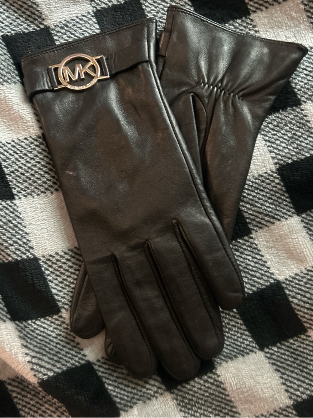 Michael Kors Black Leather Gloves with Gold MK Emblem
